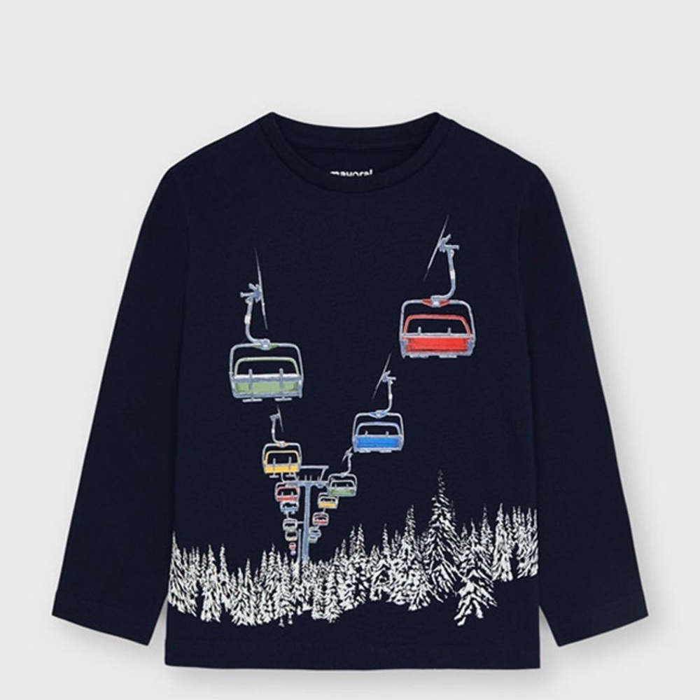 Size 8 Boys  Mayoral Blue and Red Long Sleeve Tee with Ski Resort Design